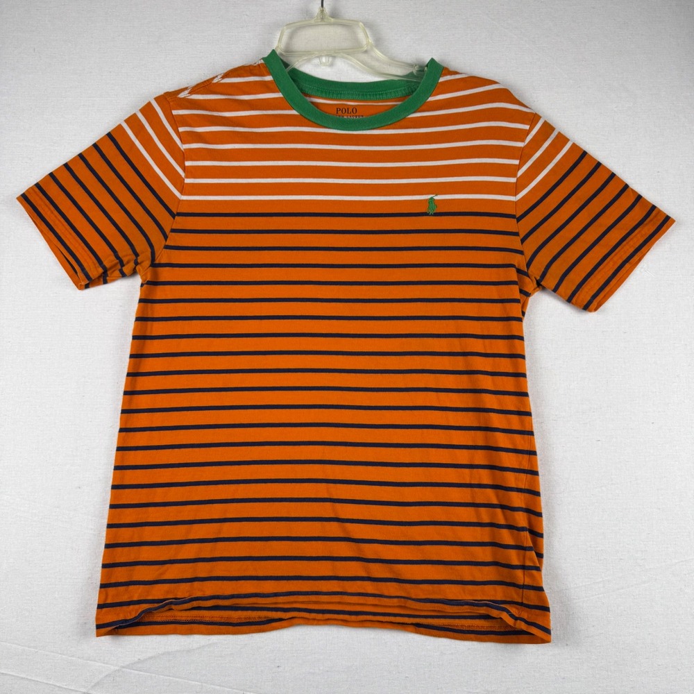 Polo Ralph Lauren Mens Orange Striped Crew Neck T-Shirt Size L 14-16 Green Pony
